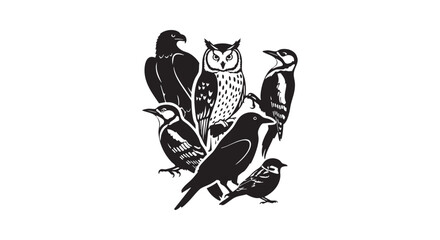 Obraz premium Birds vector illustration set including an eagle, an owl, a woodpecker, a robin, a crow, and a sparrow.