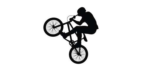 Naklejka premium Silhouette of a BMX rider performing a wheelie on a white background