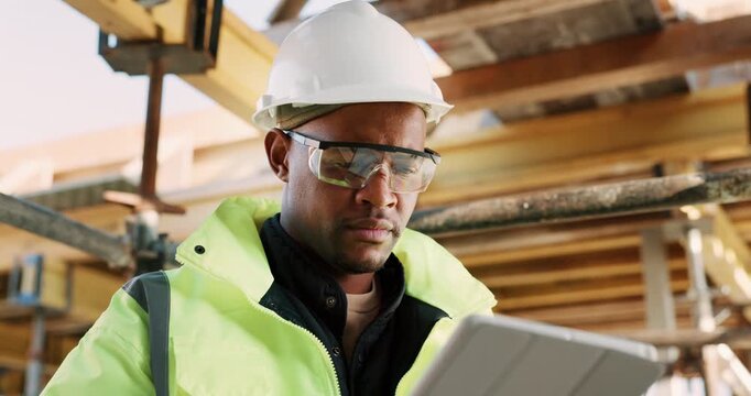 Architect, thinking or black man with tablet on construction site for building inspection. Thoughtful, male person or contractor with technology or hard hat for architecture, safety check or project