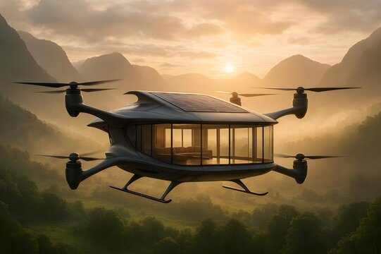 Futuristic Autonomous Drone House Hovering Above Lush Forest Valley at Sunrise