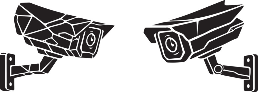 Geometric security camera vector set, low poly surveillance cctv icons, black and white monitoring equipment silhouettes for safety and privacy