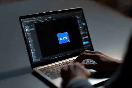 Hands typing on a laptop with a creative software interface open.