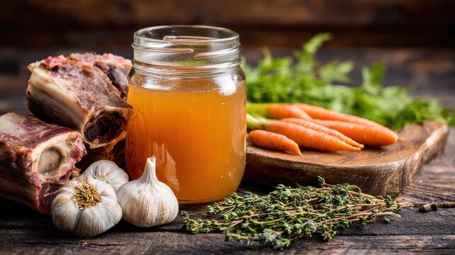 Benefits of bone broth. Mason jar of homemade bone broth with carrots, garlic, herbs, and beef bones on a rustic wooden surface.