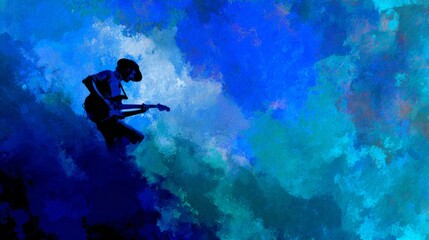 Fototapeta premium Abstract Electric Blue Painting with Musician Silhouette Creating a Dynamic and Textured Background