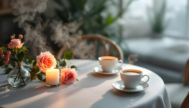 Restaurant table reserved with rose and candle centerpiece