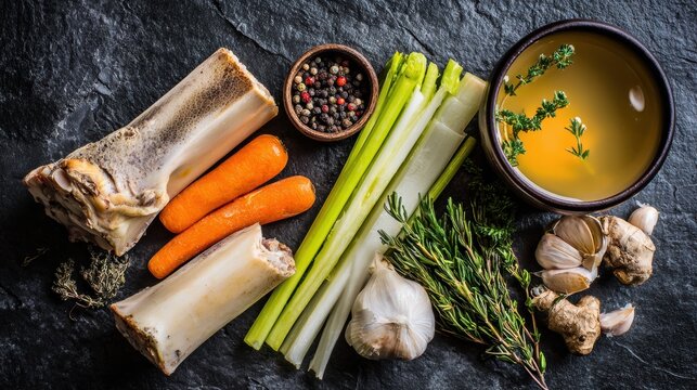 Benefits of bone broth. Beef bones, carrots, celery, herbs, garlic, peppercorns, and broth ingredients arranged on a dark surface.
