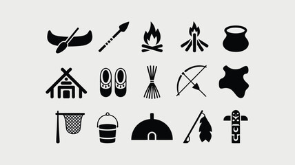 Collection of native american objects and traditional tools featuring canoe spear and campfire. © PRITOM