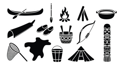 Collection of native american objects and traditional tools featuring canoe bow campfire and tipi. © PRITOM