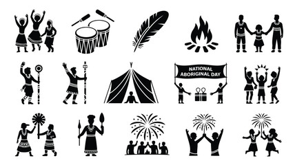 Aboriginal family and communal ritual silhouettes including ceremonial dancers and bonfire. © PRITOM