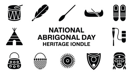 National aboriginal day celebration elements with tribal icons and heritage festival text. © PRITOM