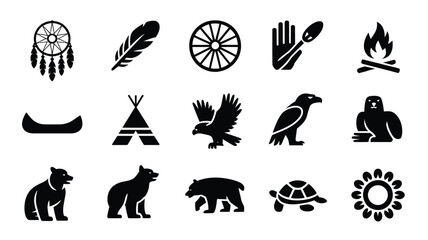 Collection of native american traditional symbols including dreamcatcher campfire and bear. © PRITOM