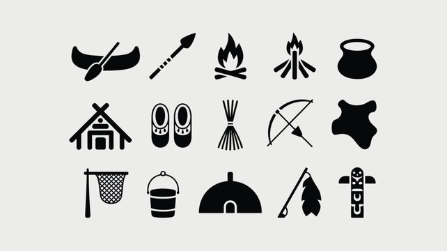 Collection of native american objects and traditional tools featuring canoe spear and campfire.