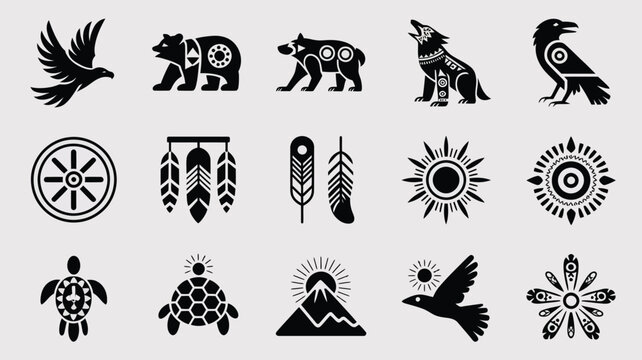 Set of native american and tribal elements featuring hawk bear wolf turtle and sun symbols.