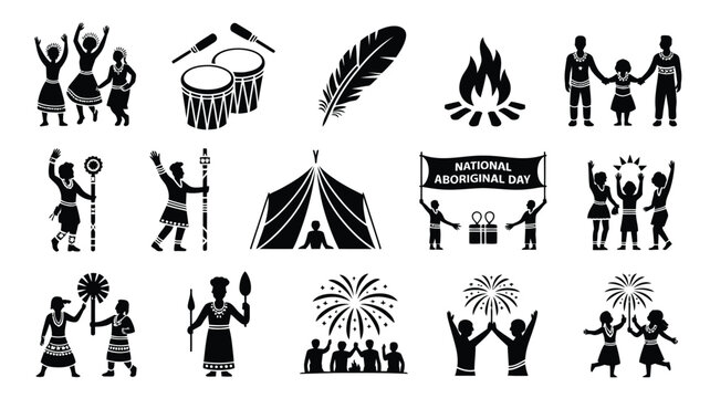Aboriginal family and communal ritual silhouettes including ceremonial dancers and bonfire.