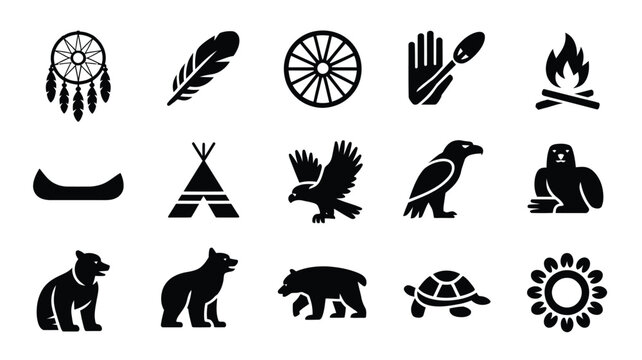 Collection of native american traditional symbols including dreamcatcher campfire and bear.