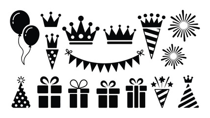 Festive birthday party supplies collection with hats crowns balloons and gift box icons. © PRITOM