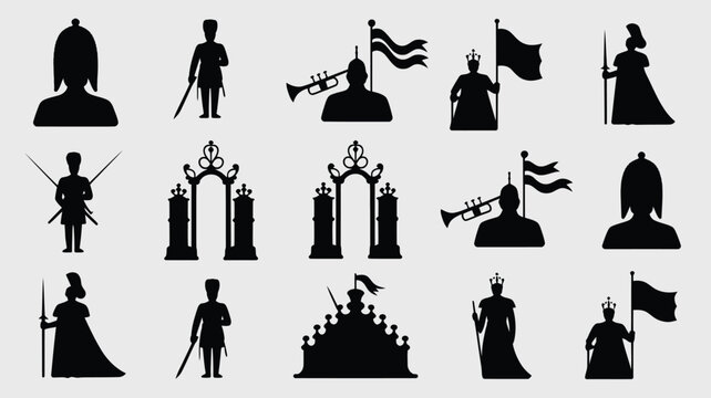 Royal parade elements featuring soldiers archways and queen figures in black silhouettes.