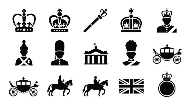 Royal British icons featuring crowns carriage soldiers and union jack flag.