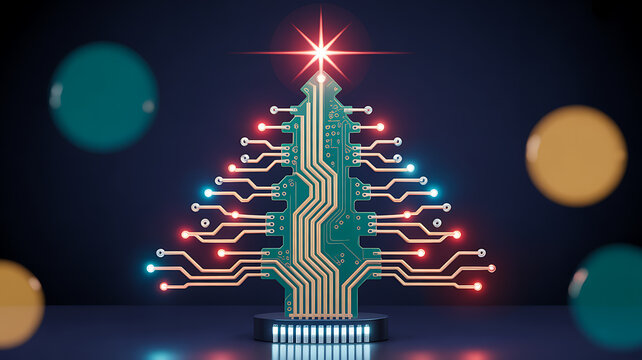 Neon circuit christmas tree symbolizing digital innovation and connectivity
