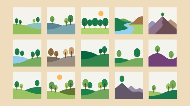 Set of minimalist flat landscape illustrations with hills trees river and mountains in seasonal nature scenes