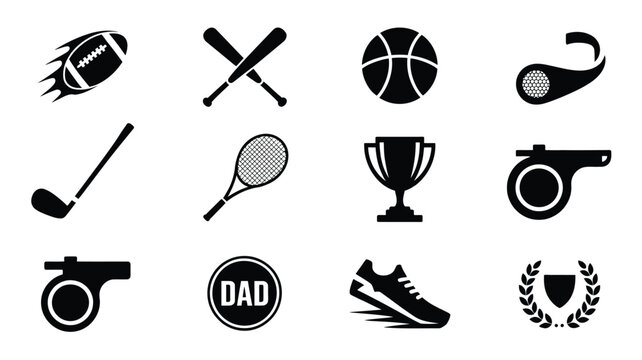 Sports gear football baseball basketball golf tennis trophy whistle dad shoe.