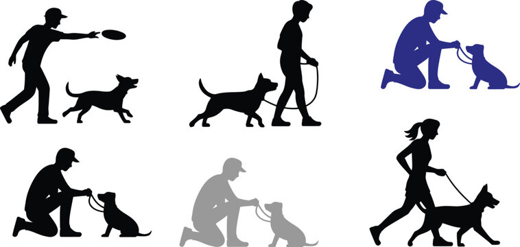 Dog, pet, owner, silhouette, icons, set of 7, black, blue, gray, vector graphics