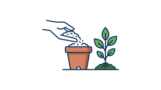 A hand sprinkling fertilizer into a terracotta flower pot next to a small green plant.