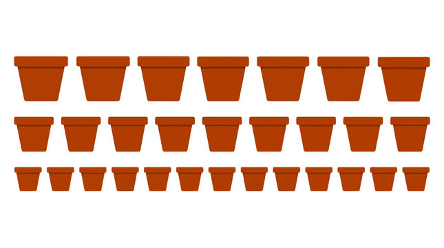 A collection of various sizes of terracotta flower pots arranged in rows.