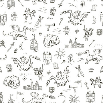 Seamless Medieval Fantasy Pattern with Dragons, Knights, Castles and Princesses in line