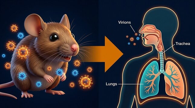 Mouse transmitting virus to human respiratory system showing lungs and trachea