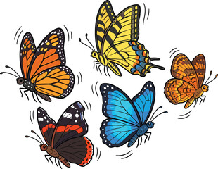 Beautiful Flying Butterfly Vector Illustration Set Featuring Monarch Swallowtail Blue Morpho and Painted Lady Species for Colorful Summer Nature Graphic Designs © Mustak