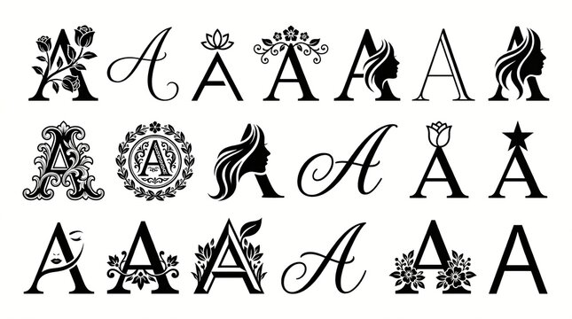 Collection of decorative letter A monograms with floral and feminine elements on a White Background