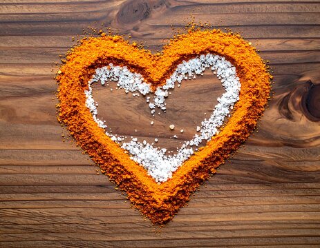 Vibrant Heart Shape Made of Orange Spice and White Salt on Rustic Wooden Table