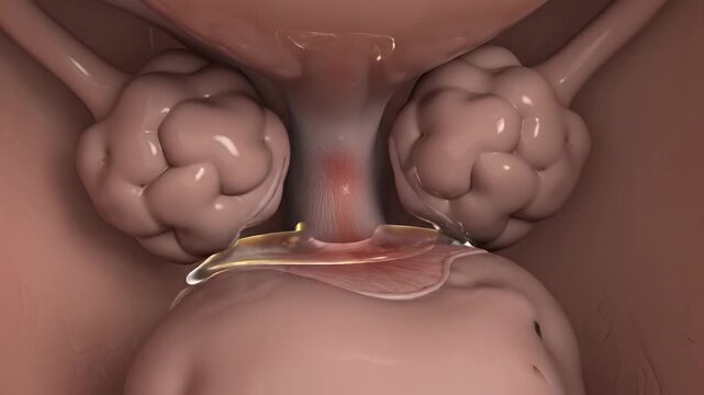 3D medical animation of female reproductive system and pouch of Douglas during travel
