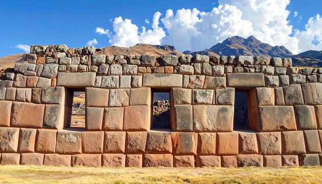 Ancient stone wall with rectangular openings under a bright blue sky, with a mountainous backdrop and some clouds