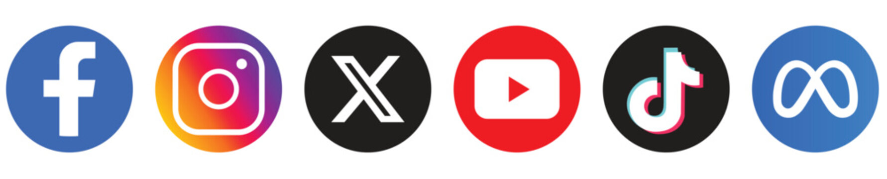 Social media icon set, Facebook, Instagram, X, YouTube, Tiktok, Meta, social network logos.	