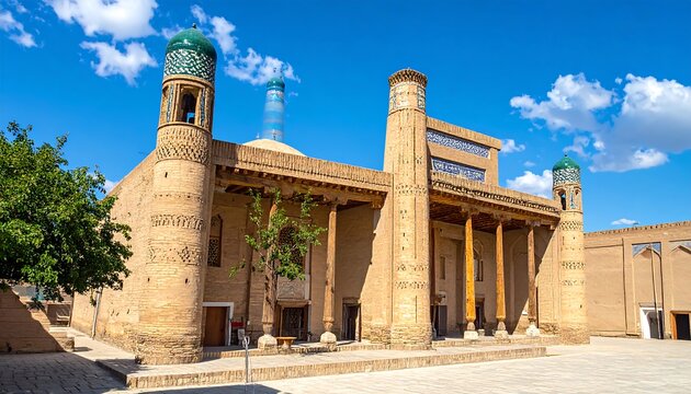 Ancient structure with ornate towers, colonnaded facade, and teal-colored domes. Sunny day. Square courtyard