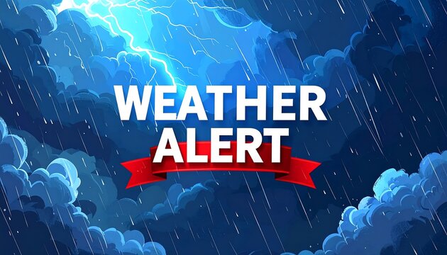 Animated artwork shows a stormy sky with lightning and heavy rain. A red banner displays a bold white text message