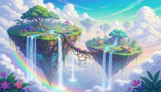 Surreal Floating Islands with Waterfalls and Vibrant Flora Scenery