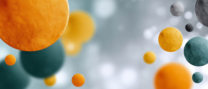 Abstract composition of floating textured spheres in orange, teal, and gray tones against a soft blurred background with bokeh effect