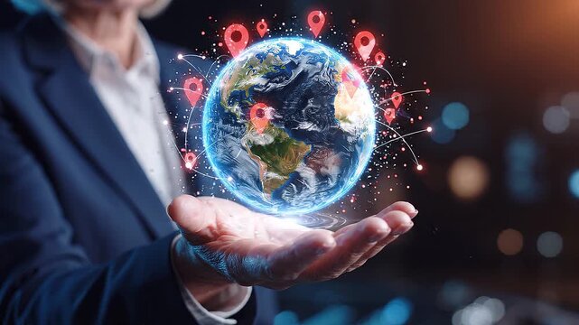 Businessman holding a glowing globe with location markers floating above his hand in a dark room
