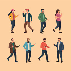 Fototapeta premium Flat vector illustration featuring a diverse collection of stylish people walking in various casual outfits