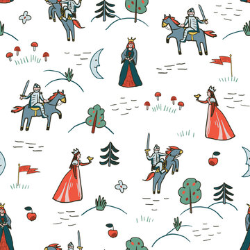 Cute Medieval Kingdom Seamless Pattern with Knights, Crowns, Banners and Swords