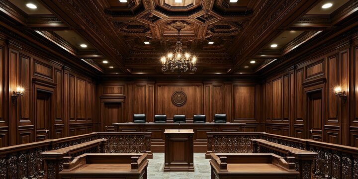 Ornate wooden courtroom with judge's bench, witness stand, and jury box