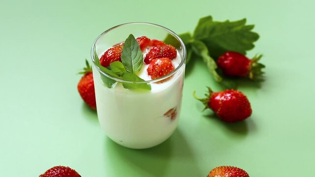 Homemade creamy dessert with berries and fresh mint