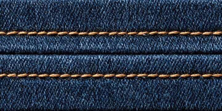 Close-up macro view of classic blue denim fabric with prominent parallel gold stitching