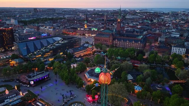Aerial view of Copenhagen city center after sunset