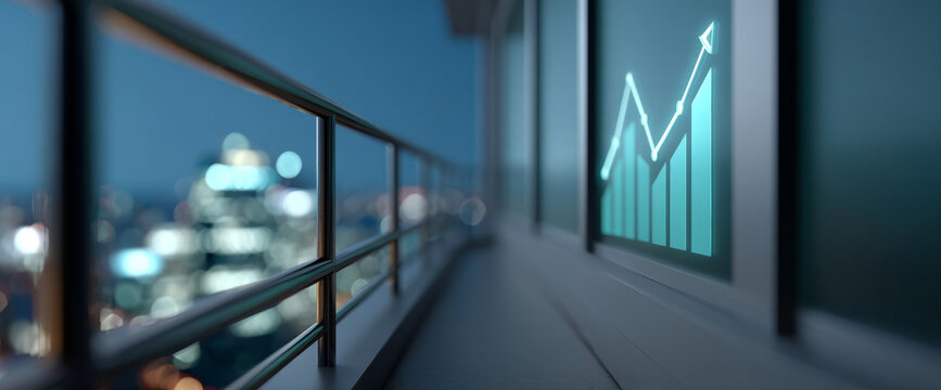Modern corridor with glass railing overlooking cityscape and digital upward trending graph on wall screen symbolizing business growth
