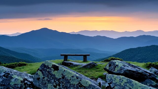 A scenic mountain vista at dusk, showcasing layered peaks under a colorful sky. A wooden bench sits amidst rocks and greenery