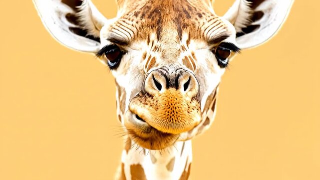 Close-up of a giraffe's face with details of its eyes, nose, and pattern against a yellow background